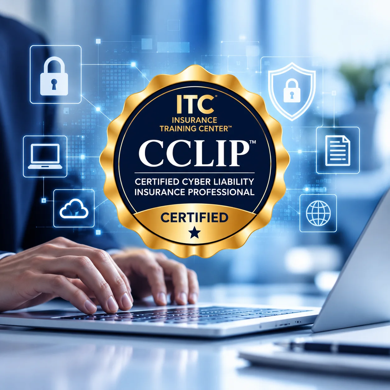 CCLIP™ cyber insurance certification badge with cybersecurity icons and a professional working on a laptop